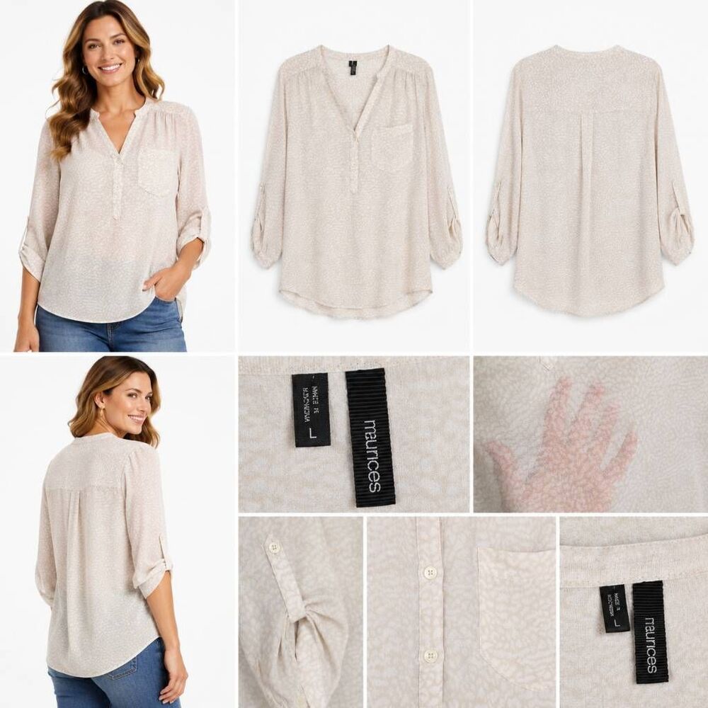 Maurices Cream Textured Roll Tab Sleeve Top L